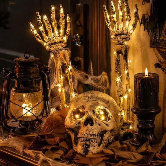 Halloween LED Lighted Skeleton Hands Skull Horror Props Outdoor Yard Garden Party Haunted House Graveyard Decorations Decor