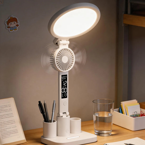LED Desk Lamp with Fan | Adjustable Brightness & Color Temp | USB/Type-C Powered | Time & Temp Display | Reading & Study