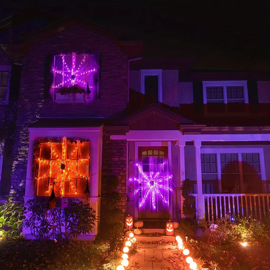 Halloween Spider Web LED String Lights, Orange Glow Spider Net Light with Black Spider for Indoor Outdoor Haunted Party Decor