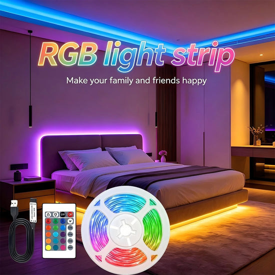 RGB LED light strip, color-changing light strip, with 24-key remote control, USB powered, suitable for holidays and indoor use.