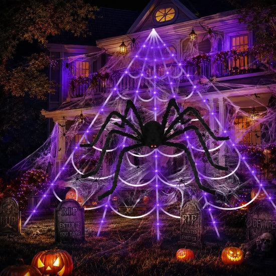 1pc Halloween Giant Spider Web Light With Big Spider Purple LED Battery Powered For Indoor Outdoor Yard Porch Garderd Home Decor