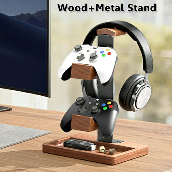 2IN1 Headphones Stand Gamer Handle Bracket Solid Wood+Metal Gaming Headset Display Shelf Multi-Functional Wooden Earphones Hange
